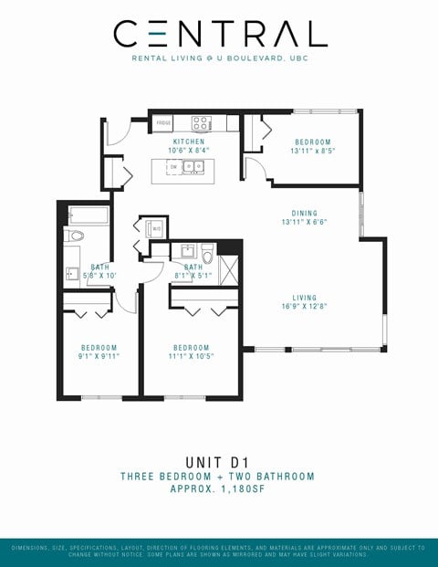 Floor plan for 3 beds, 2 baths, 1180 sqft